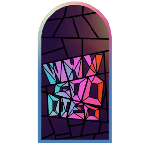 Image of stained-glass window with the words "Why God Died" in the window panes